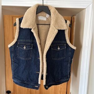 Liz Claiborne Trucker Jean Faux Shearling Sherpa Vest,Heavy Rigid Denim,Petite L